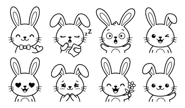Set of cute cartoon bunny rabbit characters with various facial expressions and emotions in black and white line art