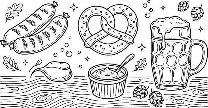 Hand drawn Oktoberfest line art elements with foaming beer mug soft pretzel wheat sheaf and fresh hops cones.