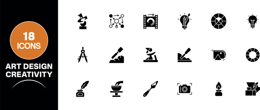 A comprehensive collection of eighteen flat black vector icons representing various artistic tools creative design elements and professional drawing supplies for graphic projects