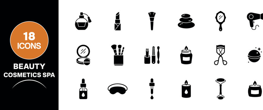 A comprehensive collection of eighteen essential beauty and cosmetic icons featuring various skincare tools makeup brushes and personal grooming accessories for professional design projects