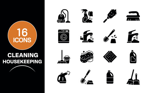 A comprehensive collection of sixteen professional cleaning and housekeeping icons featuring essential tools and supplies for maintaining a clean and organized home environment