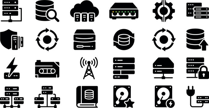 A collection of black flat vector icons representing data center infrastructure cloud computing server hardware network connectivity and digital storage technology management systems
