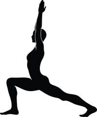 Fototapeta premium Yoga silhouette of woman in warrior pose, black female figure practicing pilates, zen meditation and fitness vector icon