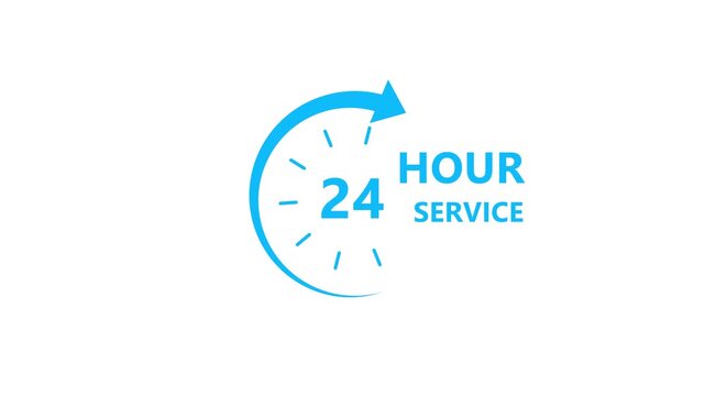 24 Hour Service Blue Clock Arrow Icon Animation Round the Clock Customer Support Symbol Loop Isolated White Background Motion Graphic Video