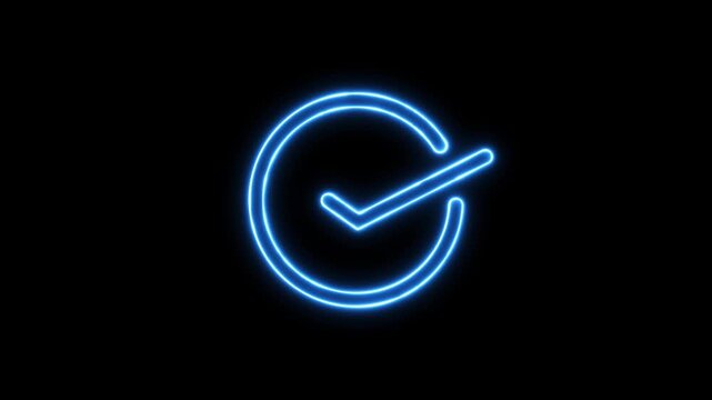 Neon check mark inside a square on black background tick 4k video. Glowing neon line tick mark or confirm icon animation.