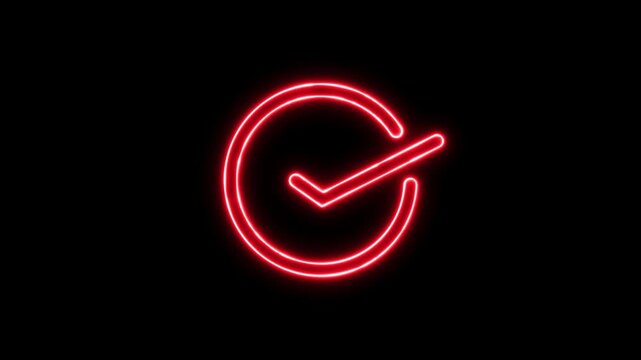 Neon check mark inside a square on black background tick 4k video. Glowing neon line tick mark or confirm icon animation.
