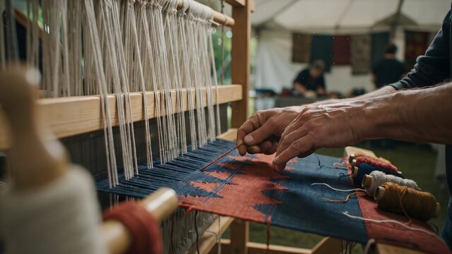 Artisan Hand Weaving on Loom at Craft Fair with Enthusiasts and Natural Light