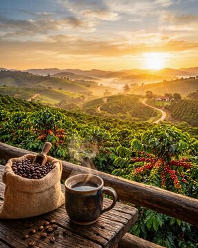 Steaming cup of coffee and burlap sack of beans overlooking plantation.