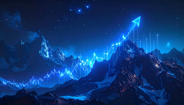 Abstract Blue Mountain Peaks with Upward Arrow Graph.