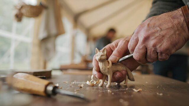 Artisan Carver Creating Wooden Figure of a Horse in Workshop Environment