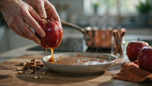 Close-up of hands pouring apple juice into a bowl in a kitchen setting