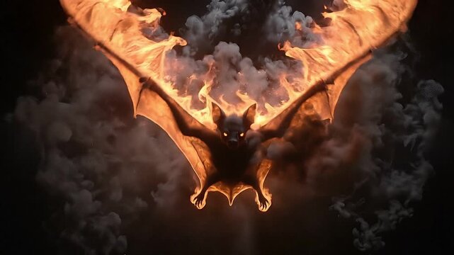 Fiery bat emerging from dark smoke clouds cinematic supernatural creature concept dark fantasy visual effect