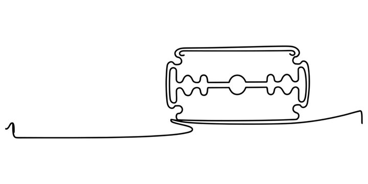 Single continuous line drawing of a metal razor blade used for shaving and grooming