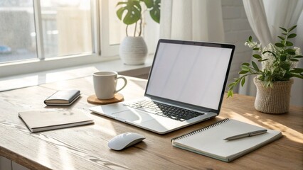 Fototapeta premium Modern Minimalist Home Office Workspace with Blank Laptop Screen