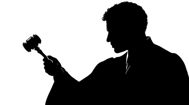 Silhouette of a judge holding a gavel, ready to make a ruling. The stark contrast highlights the authority and gravity of the judicial process