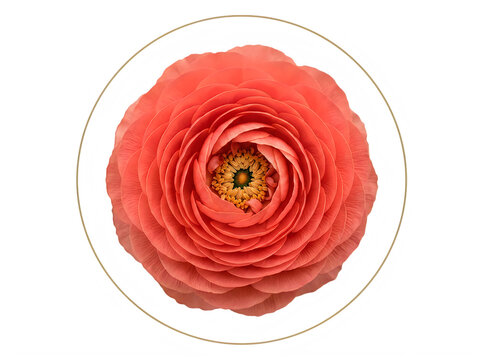Beautiful coral pink ranunculus flower blossom isolated with a decorative dashed circle frame isolated on transparent background