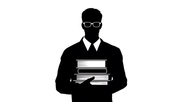 Silhouette of a man wearing glasses and holding a stack of books, representing knowledge and education