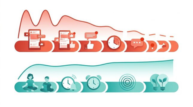 The impact of social media on mental health, highlighting screen time and wellness in a simple layout with icons.