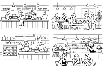 Obraz premium People in Coffee Shop Line Drawing Vector Set