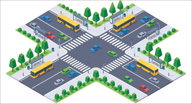 Isometric city intersection with buses cars pedestrian crossings and trees on a white background aerial view asphalt automobile bus