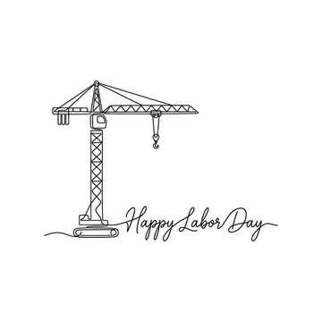 Happy Labor Day Construction Crane Line Art Vector Illustration
