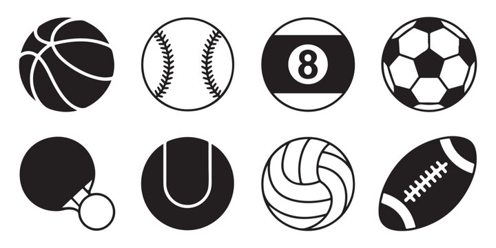 Collection of sport balls including soccer basketball baseball tennis volleyball pool ball and ping pong paddle.