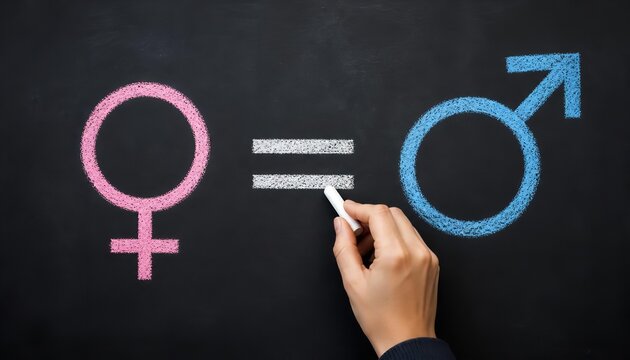 Human hand drawing a white equal sign between colorful pink female and blue male gender symbols on dark chalkboard background