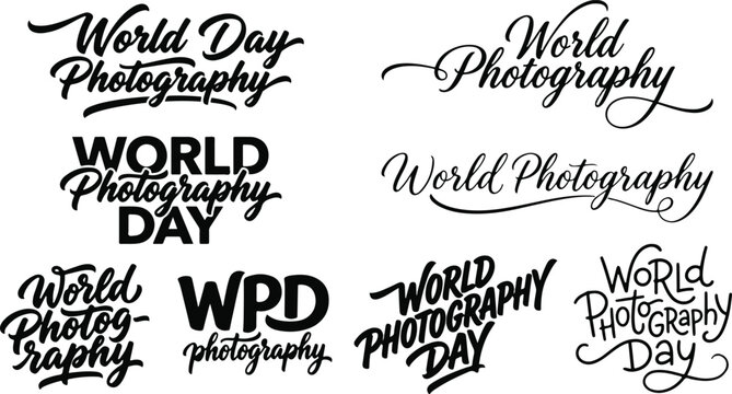 World Photography Day Calligraphy Lettering Set Typography Vector Logos Isolated on White Background
