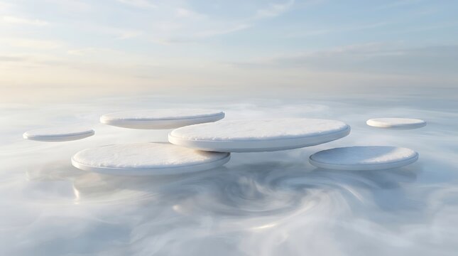 Floating white oval platforms in misty fog. Abstract 3D podiums for product display.