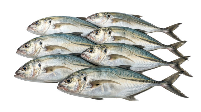 Seven fresh jack mackerel arranged in a staggered formation on transparent background fish seafood marine life