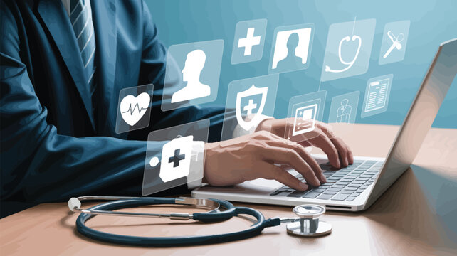 Doctor using laptop with medical icons overlay