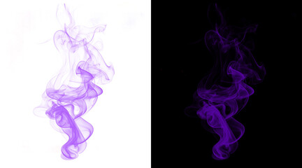 Purple smoke plumes on white and black backgrounds, ethereal violet steam swirls, abstract colorful vapor trails for creative design overlays © Nurshita