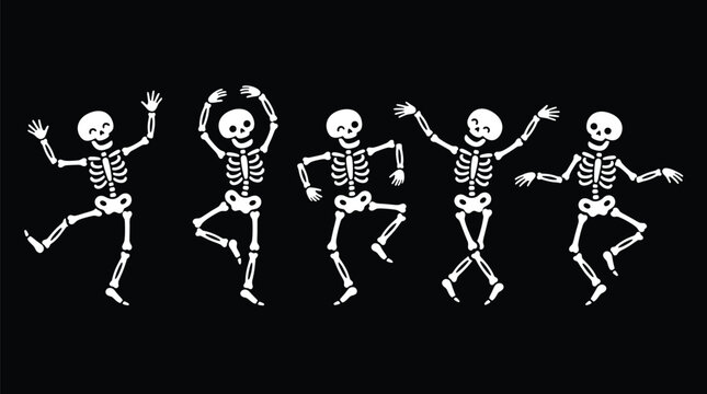 Five white cartoon skeletons in various dancing poses, arranged in a row against a solid black background, style