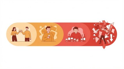 Fototapeta premium Two people raise drinks, a person sits alone with a drink, and another struggles with empty bottles.