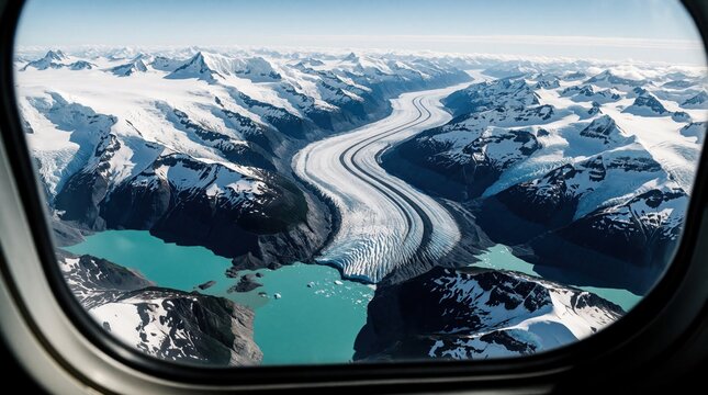 Aerial view from plane window over winding glacier. Snow capped mountain peaks, turquoise glacial lakes in valley. Arctic wilderness landscape with ice, cold climate. Adventure tourism scenic flight