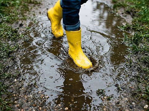 Child in yellow rubber boots splashes in muddy puddle with water splashing yellow boots