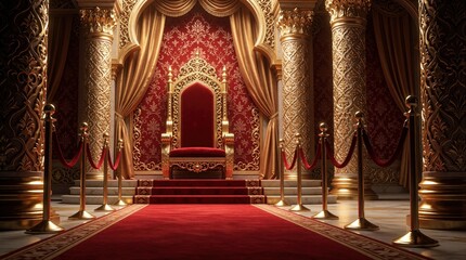 Fototapeta premium Luxury royal throne sits on red carpet in ornate palace hall with gold pillars. Empty velvet awaits king queen. Majestic interior features arabesque decor, regal architecture. Rich golden columns