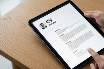 Obraz premium Person holds digital tablet with job resume document on screen. Man reviews electronic curriculum vitae application template for career search. Employee checks pro biography form on device at desk.