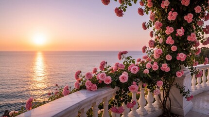 Obraz premium Pink climbing roses bloom on white marble balcony railing overlooking calm ocean at golden hour sunset. Beautiful summer seascape view with blooming flowers on terrace terrace stone fence. Romantic