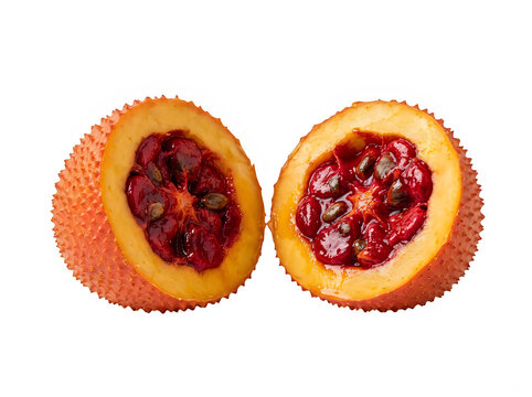 Two halves of a fresh ripe gac fruit showing red seeds and orange pulp isolated on transparent background