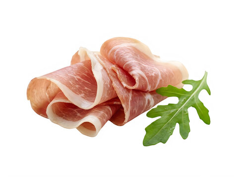 Fresh slices of savory prosciutto ham with a green arugula leaf for a gourmet food presentation isolated on transparent background