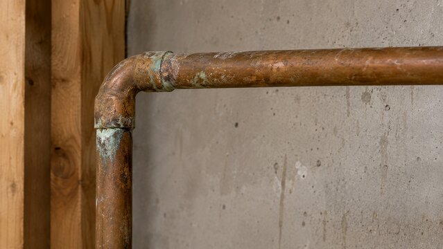 Old residential copper plumbing pipe with realistic surface rust, oxidation, and minor mineral staining