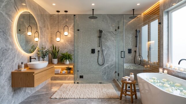 A luxury residential bathroom featuring marble walls with a glass enclosed shower and a soaking tub filled with flower petals under soft warm lighting for a relaxing spa retreat atmosphere