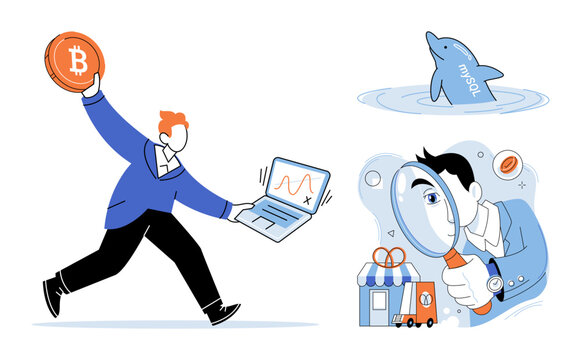 Businessman holding bitcoin and laptop with database dolphin and magnifying glass vector illustration. Finance, digital currency, data management, online shopping, market research, web development