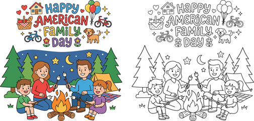 Fototapeta premium Happy American Family Day Camping Vector Art Color and Line Art Page