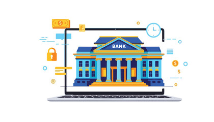 Obraz premium Flat design illustration of a bank building on a laptop screen.