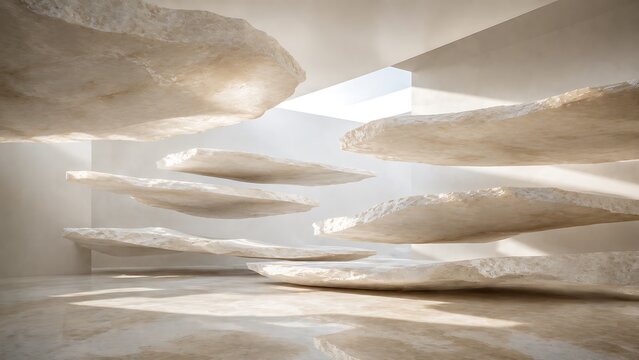 Abstract architectural interior design with flowing organic curves and soft warm lighting in a minimalist modern space