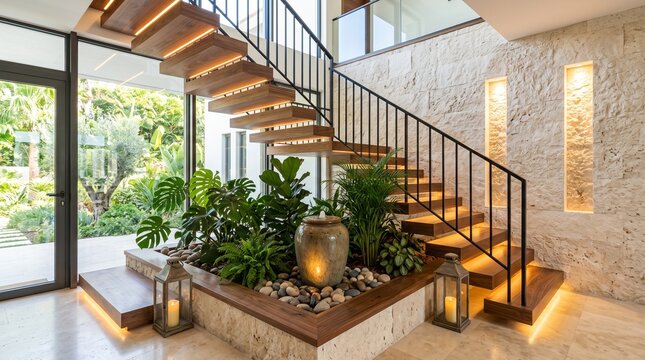 Staircase featuring wooden steps with warm lighting in a residential interior space connecting floors within a house featuring lush greenery and decorative stone walls for a luxurious home design