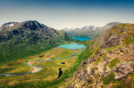 Landscape panoramic view of mountain ridge and colorful valley, Jotunheimen, Norway