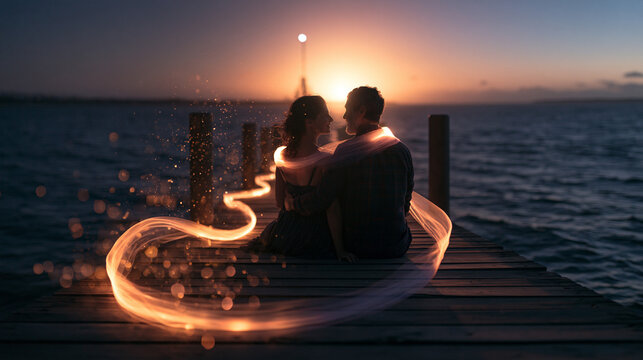 Couple Sitting on Dock at Sunset with Glowing Light